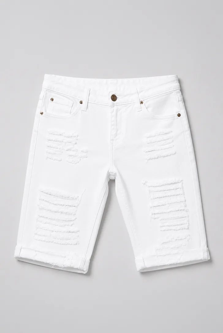 Beyaz Yırtık Denim Bermuda Şort alternatif görünüm