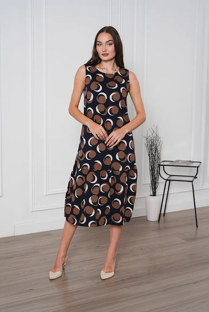 Tencel Kumaş Daire Desenli Kolsuz Midi Elbise