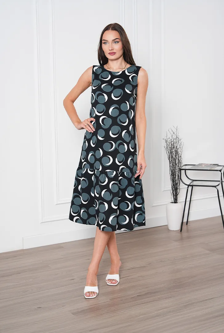 Tencel Kumaş Daire Desenli Kolsuz Midi Elbise