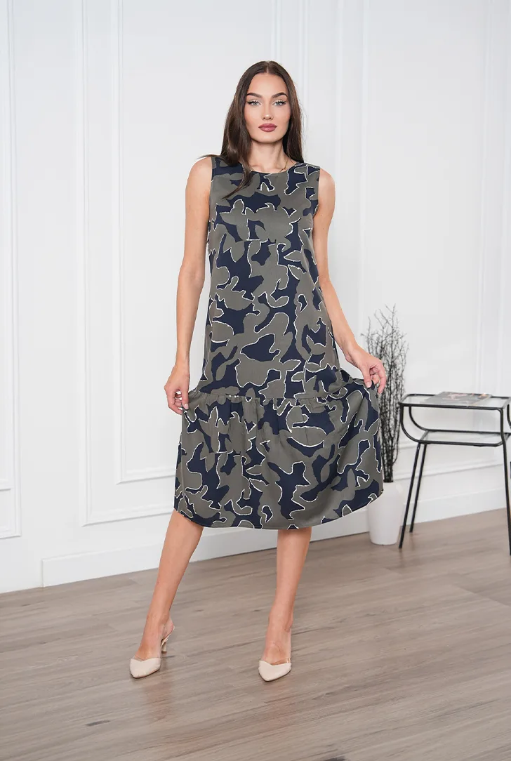 Tencel Kumaş Soyut Desenli Kolsuz Midi Elbise