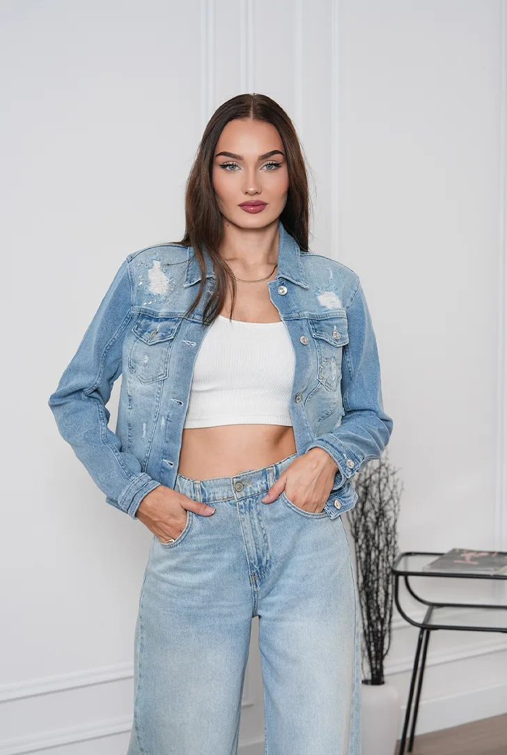 Yırtık Detaylı Denim Ceket