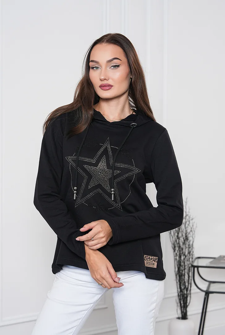 Taşlı Yıldız Baskılı Kapüşonlu Sweatshirt