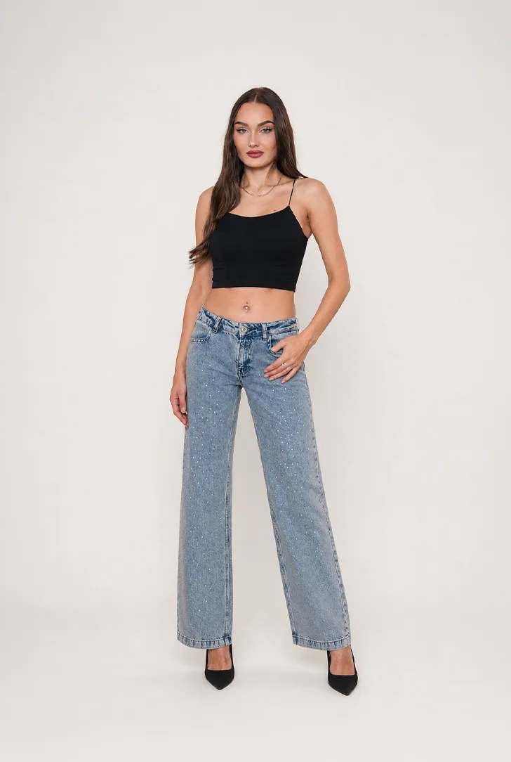 Taş Detaylı Geniş Paça Jean Pantolon